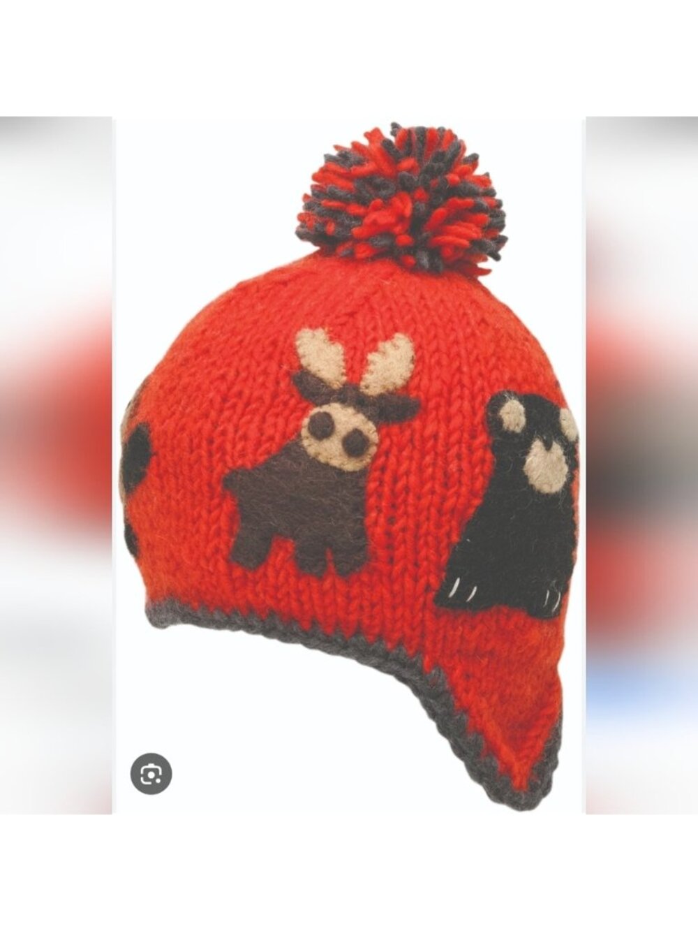 Ambler Kid's Canuck Wool Hat size S/M Red/orange with animals & gray unisex